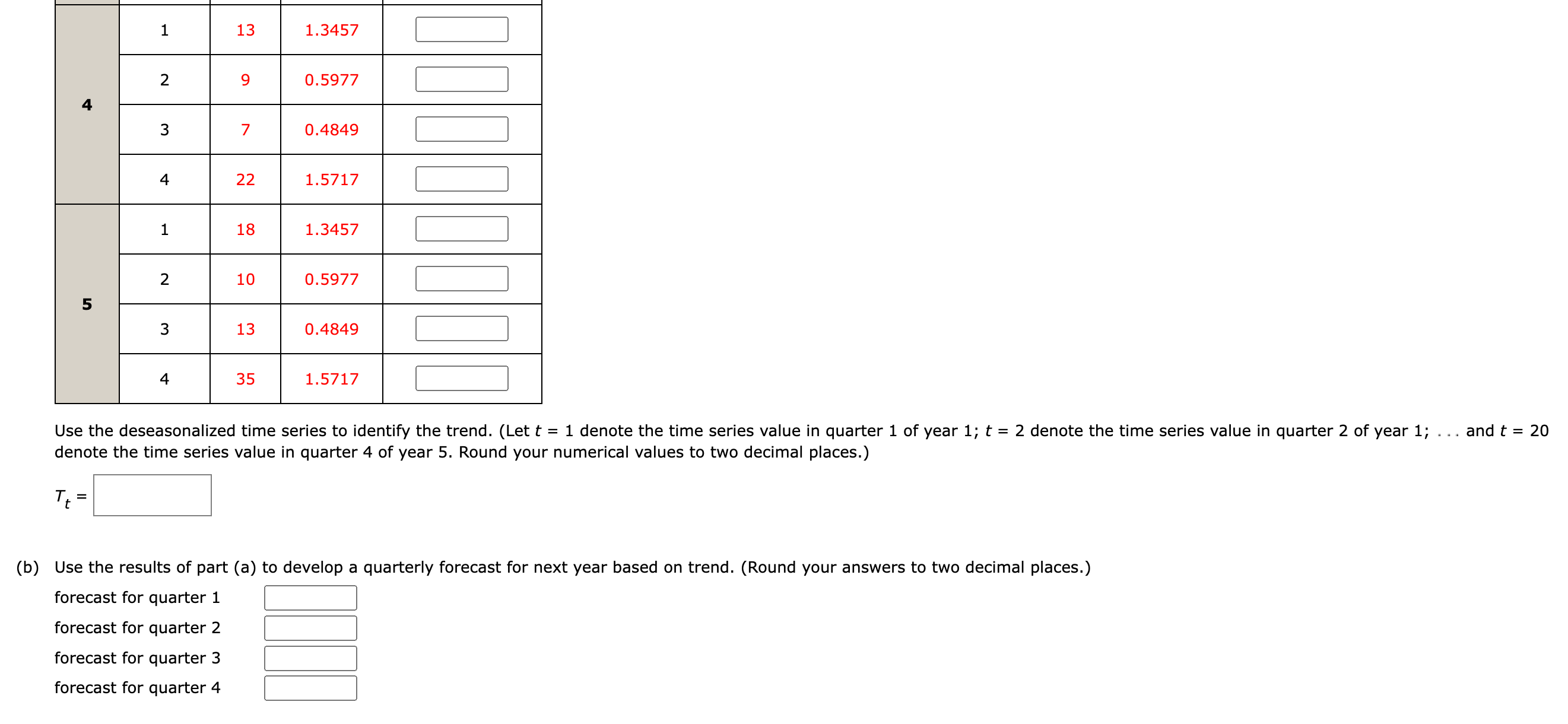 coming year. The quarterly sales data follow. \begin{tabular}{|c|c|c|c|c|c|} \hline Year & Quarter