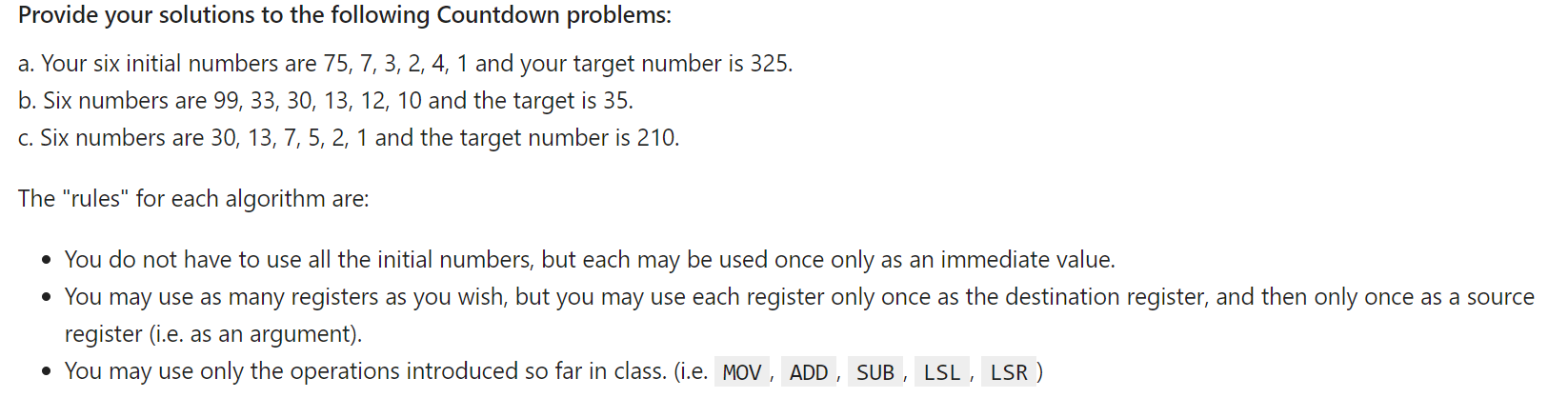  Provide your solutions to the following Countdown problems: a. Your six