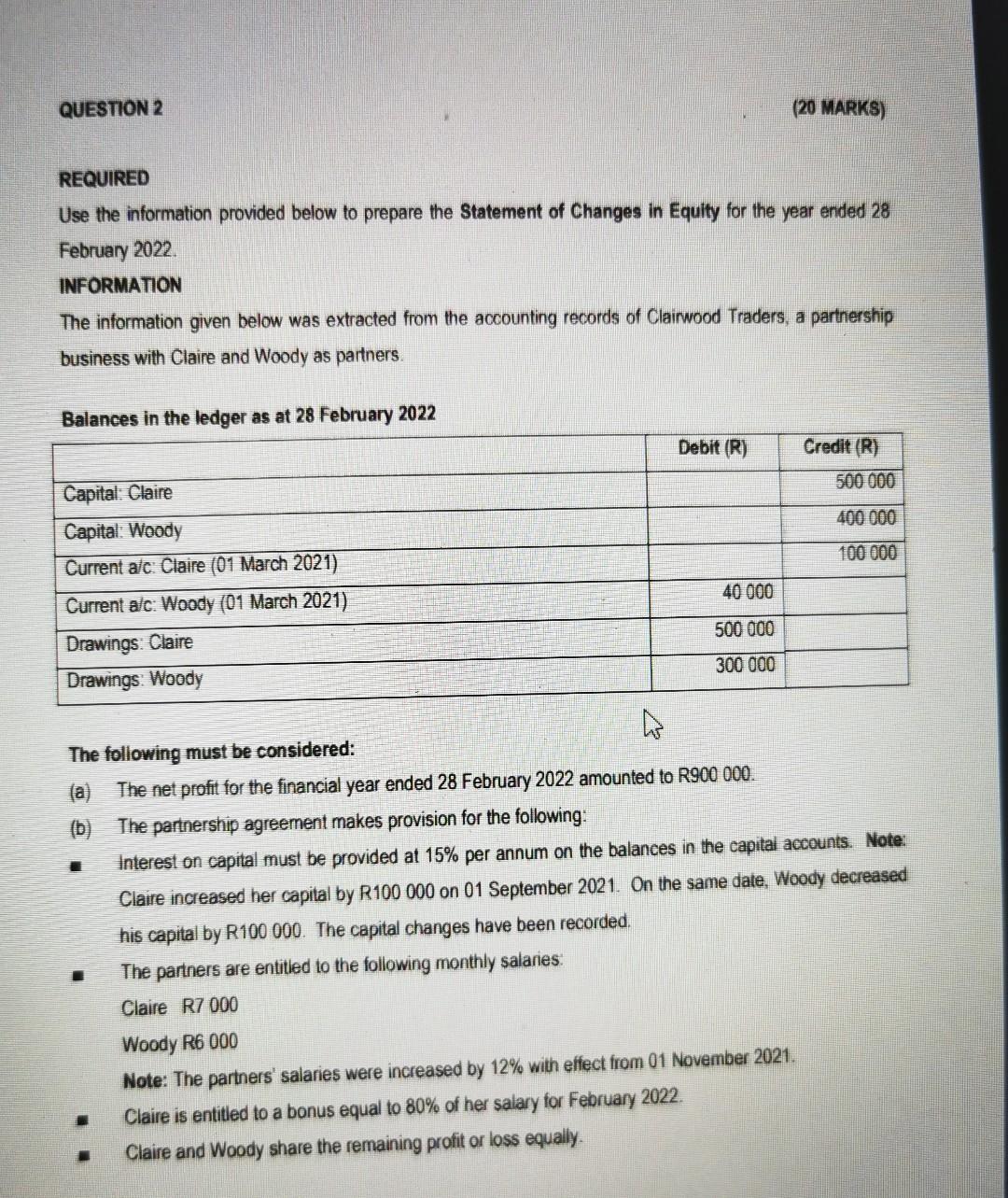 QUESTION 2 (20 MARKS) REQUIRED Use the information provided below to