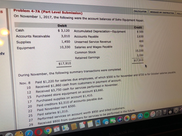  Problem 4-7A (Part Level Submission On November 1, 2017, the following