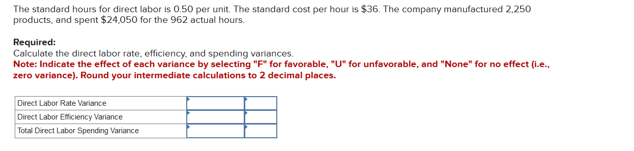  The standard hours for direct labor is 0.50 per unit. The