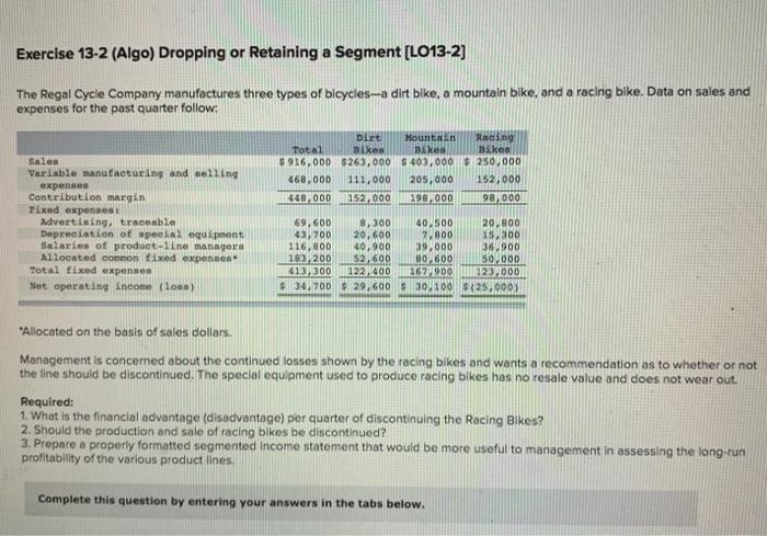  Exercise 13-2 (Algo) Dropping or Retaining a Segment (L013-2] The Regal