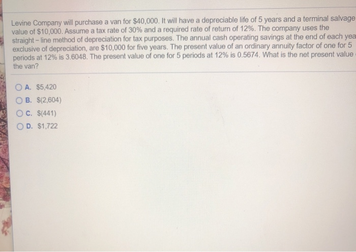  Levine Company will purchase a van for $40,000. It will have