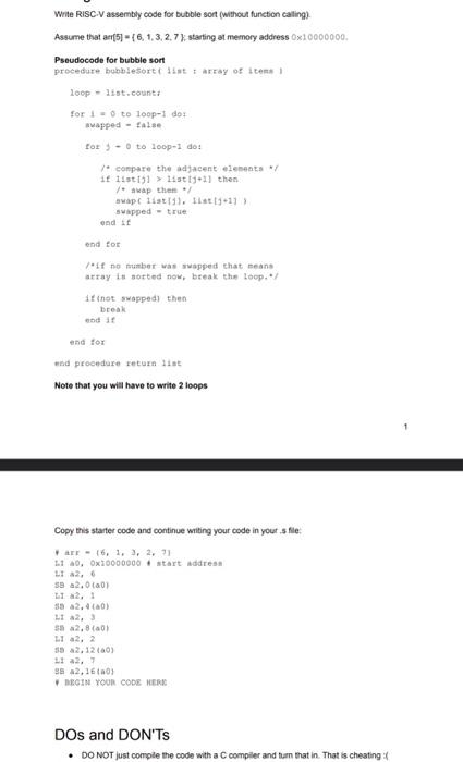  Wite RISC-V assembly code for bubble sort (withoul function cating). Assume