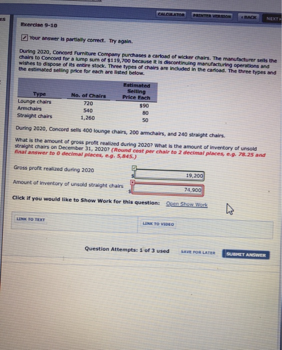  PRINTER VERSION BACK NEXT cercise 9-10 Your answer is partially correct.