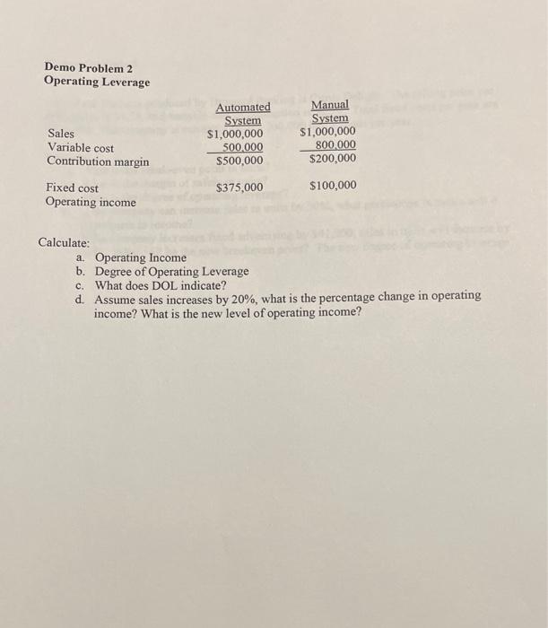 pls answer asap and ill upvote Demo Problem 2 Operating Leverage Calculate:
