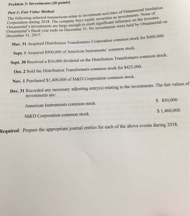  Problem 3: Investments (20 points) Fair Value Method tal Insulation following
