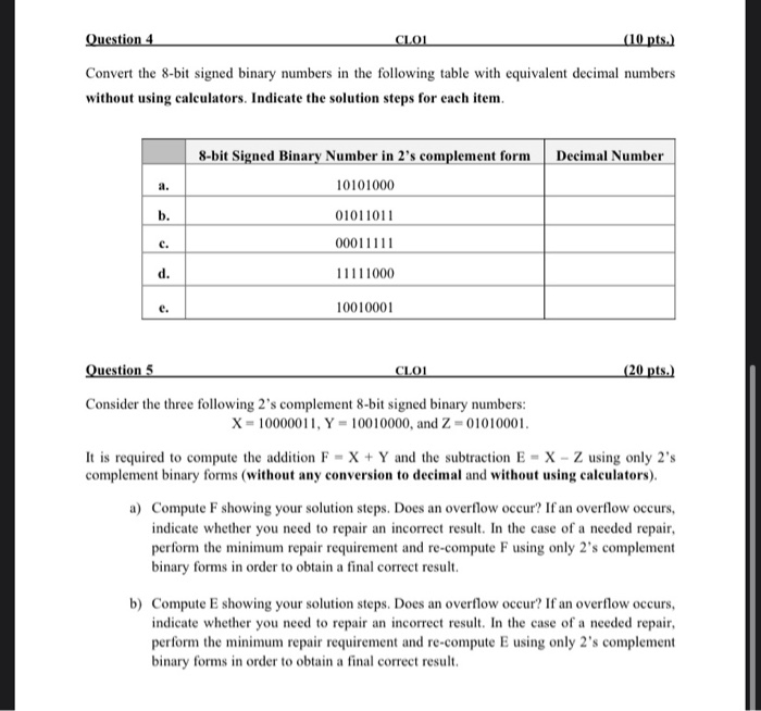  Question 4 CLOL (10 pts.) Convert the 8-bit signed binary numbers