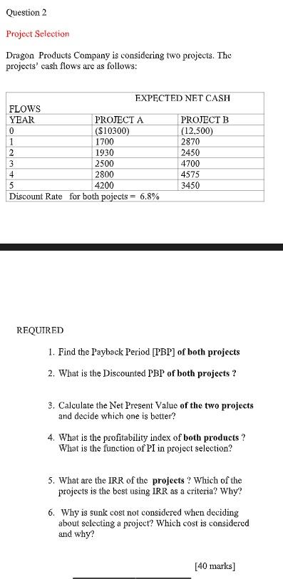 PLEASE DO ALL THESE QUESTIONS!! Question 2 Project Selection Dragon Products Company