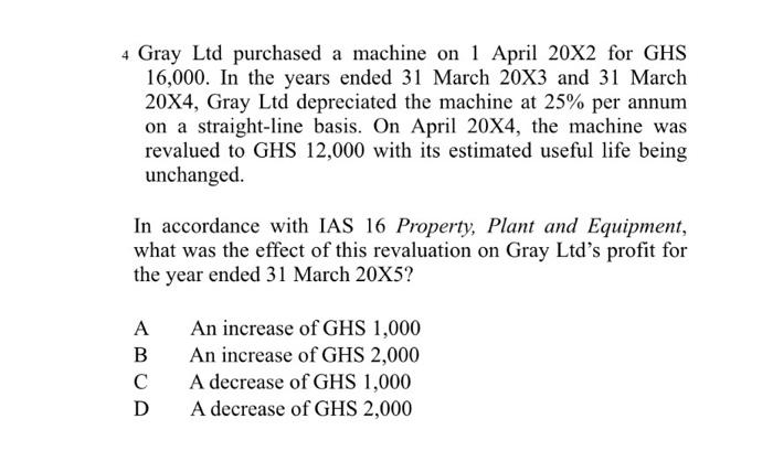  4 Gray Ltd purchased a machine on 1 April 20X2 for