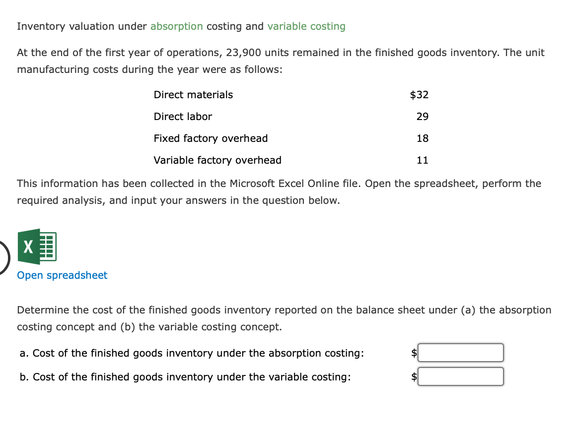 Inventory valuation under absorption costing and variable costing At the end