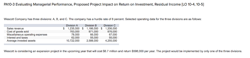  PA10-3 Evaluating Managerial Performance, Proposed Project Impact on Return on Investment,