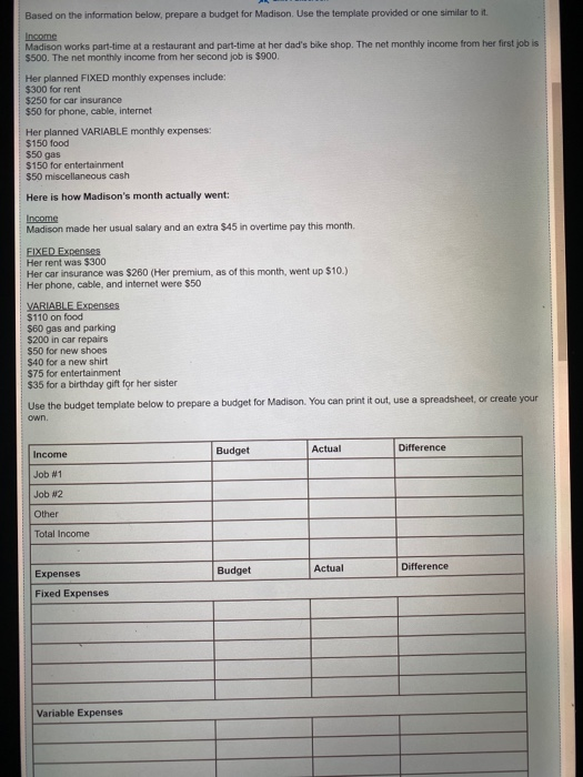  Based on the information below, prepare a budget for Madison. Use