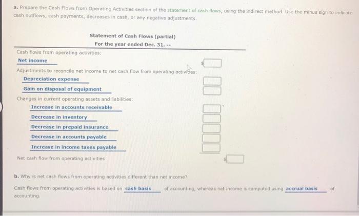 following items for the year: Depreciation expense $34,200 Gain on disposal of