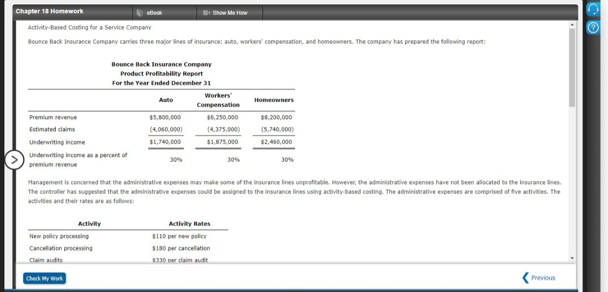 Chapter 18 Homework eBook Show Me How Activity-Based Costing for a