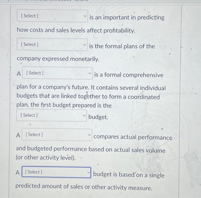 math the statements with these terms .1. Sales 2. CVP analysis 3.