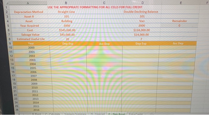  how to solve on excel, with formulas for eaxh depreciation method