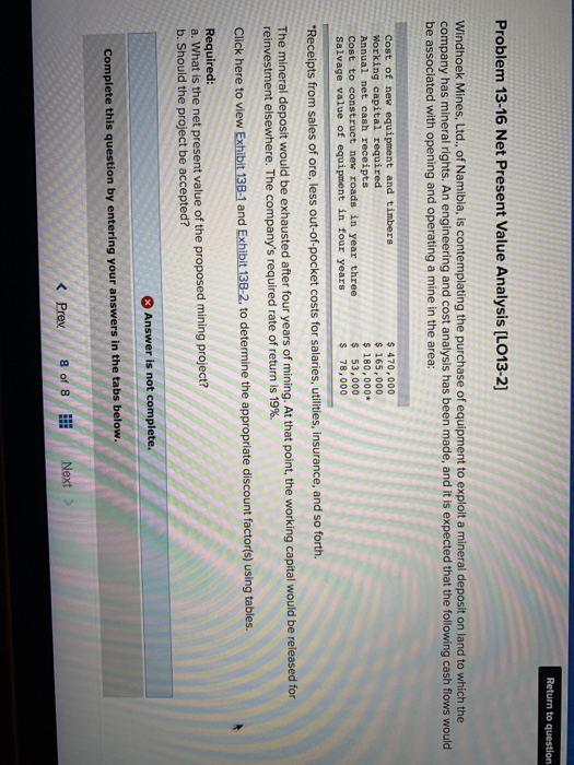  Return to question Problem 13-16 Net Present Value Analysis (LO13-2] Windhoek