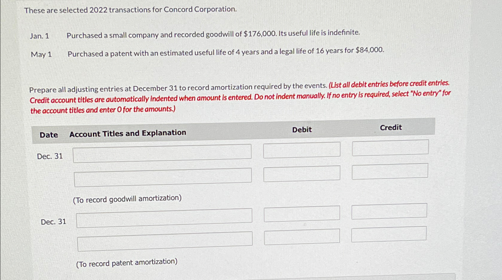  These are selected 2022 transactions for Concord Corporation. Jan. 1 Purchased