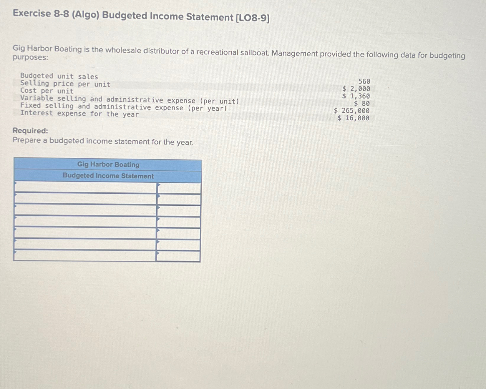  Exercise 8-8(Algo) Budgeted Income Statement [L08-9] Gig Harbor Boating is the