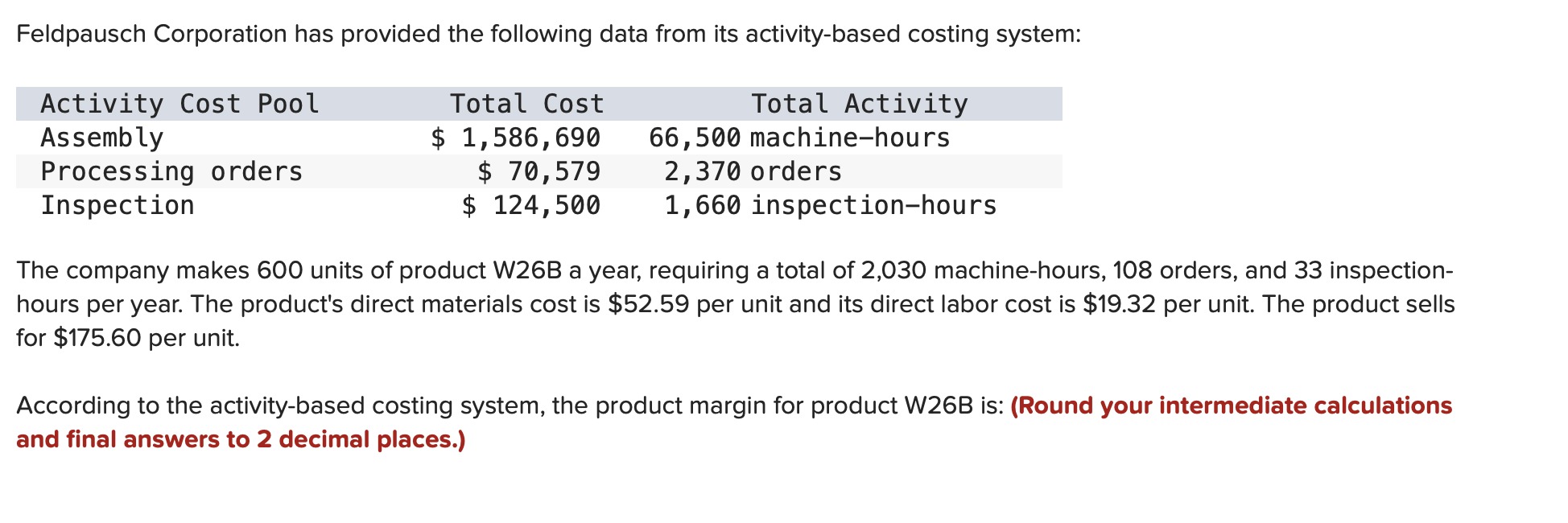 Feldpausch Corporation has provided the following data from its activity-based costing