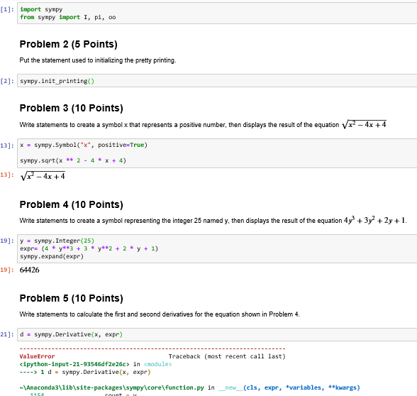 I need help getting my problem #5 to work (python3 using sympy).