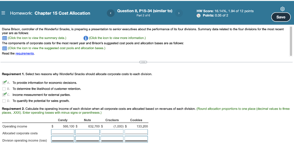 = Homework: Chapter 15 Cost Allocation Question 8, P15-34 (similar to)