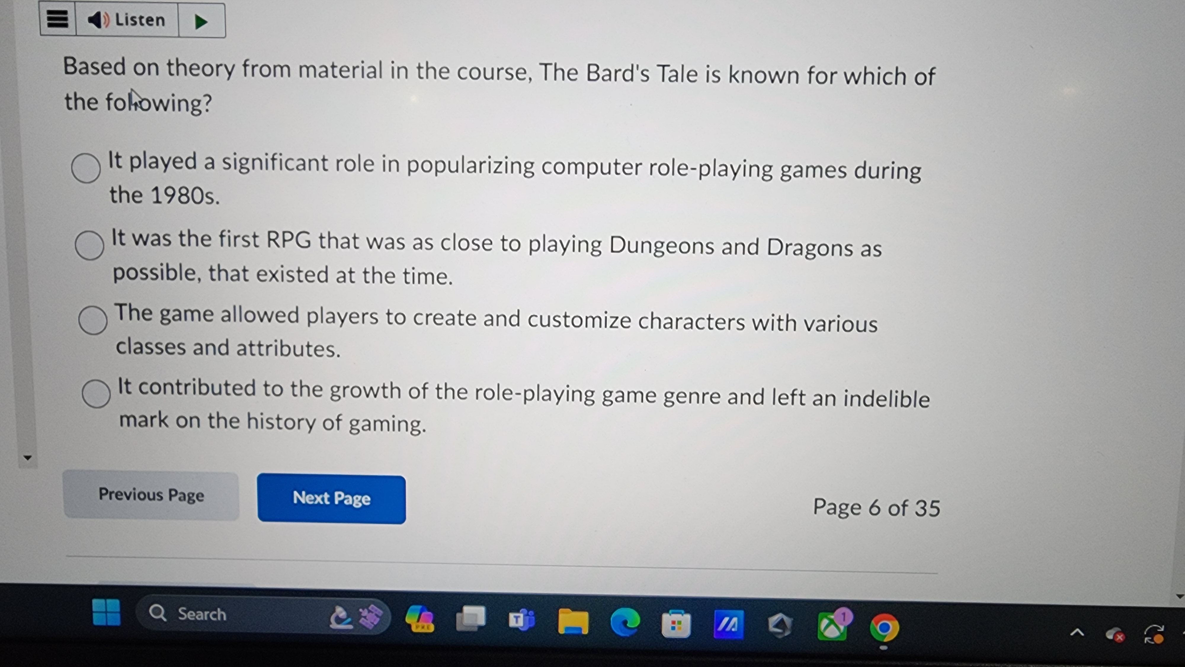  Based on theory from material in the course, The Bard's Tale