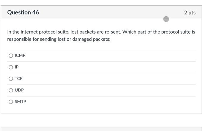  In the internet protocol suite, lost packets are re-sent. Which part