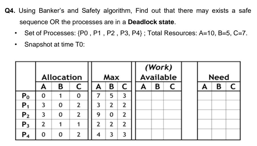 Q4. Using Banker's and Safety algorithm, Find out that there may