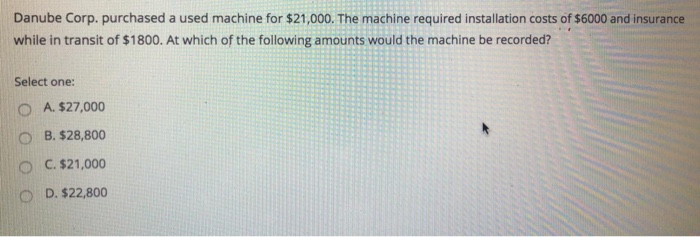  Danube Corp. purchased a used machine for $21,000. The machine required