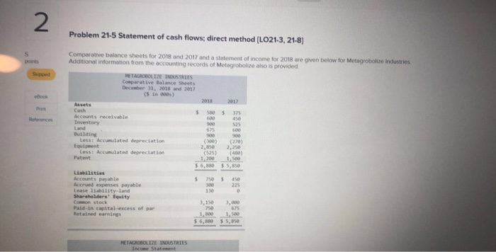  2 Problem 21-5 Statement of cash flows; direct method LO21-3, 21-8