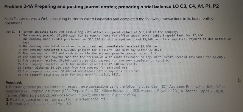  Problem 2-1A Preparing and posting journal entries; preparing a trial balance
