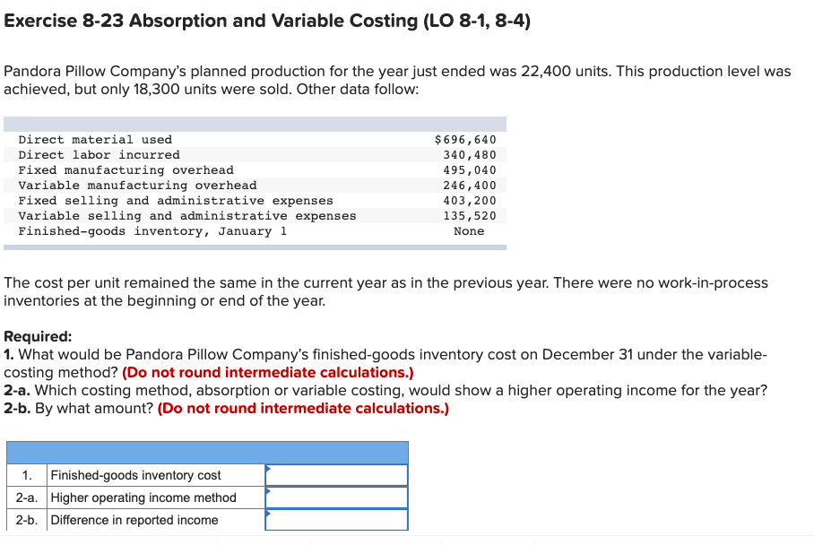 Account Help Exercise 8-23 Absorption and Variable Costing (LO 8-1, 8-4) Pandora