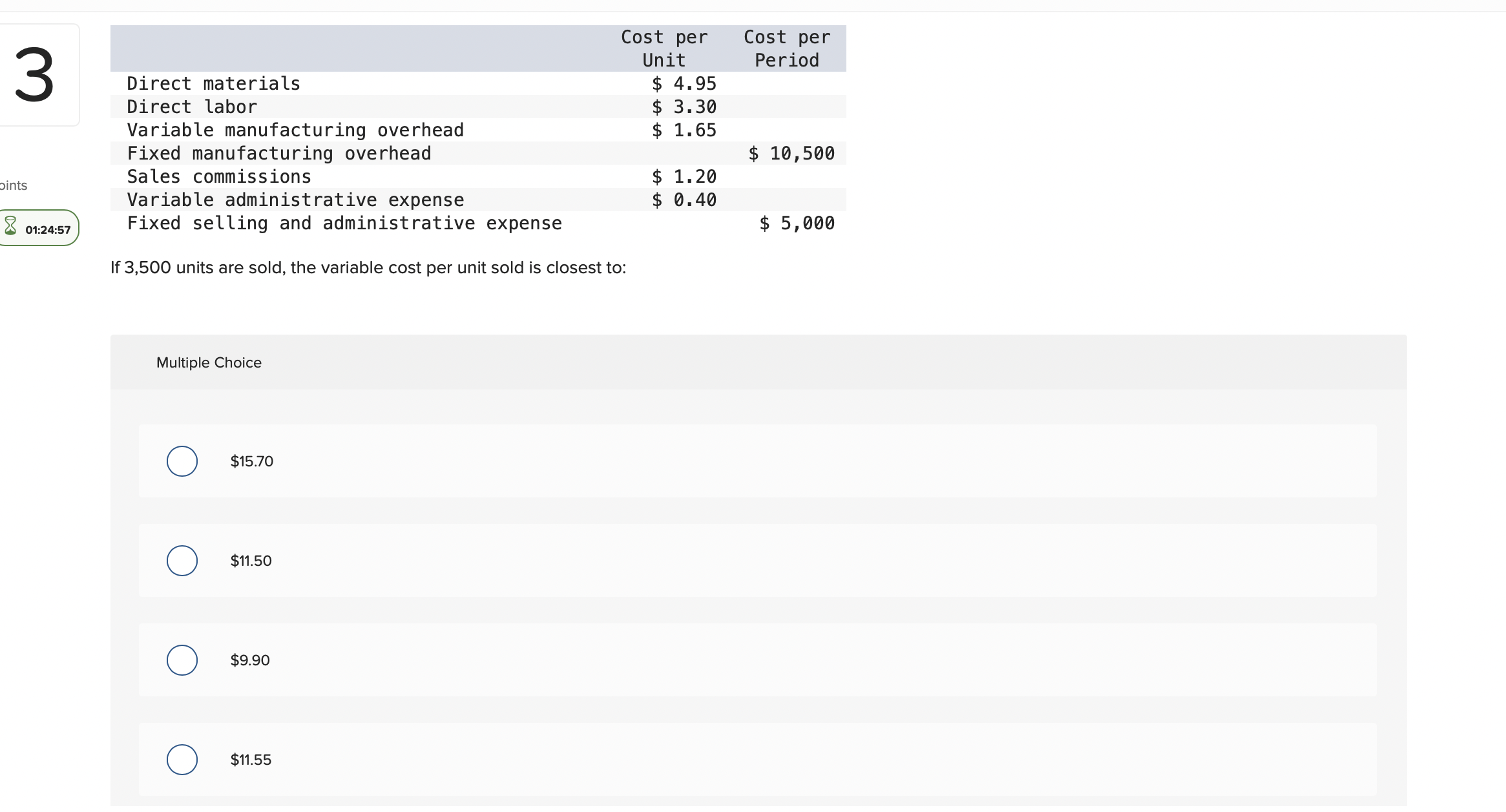 If 3,500 units are sold, the variable cost per unit sold