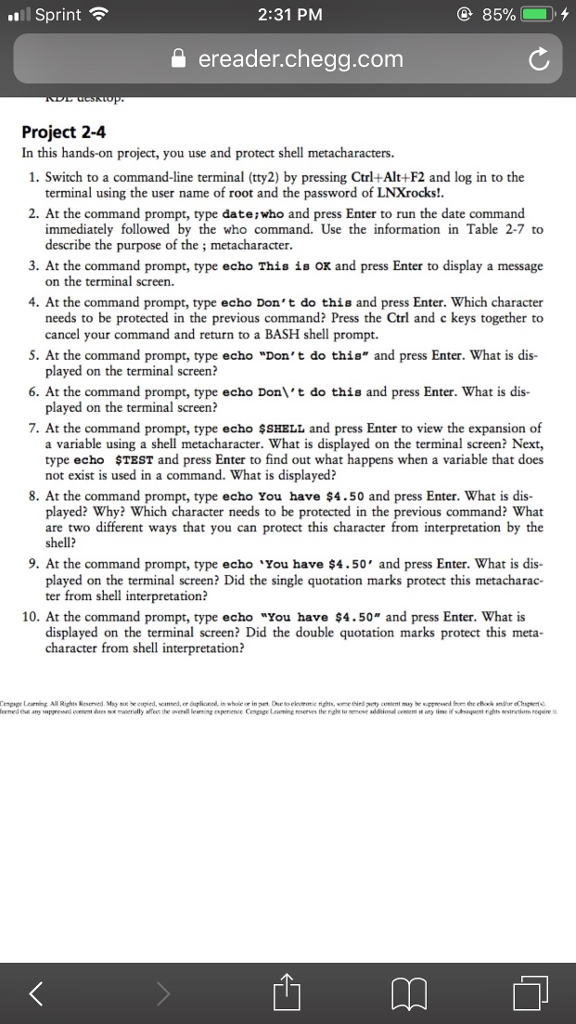  Please answer question 1-10 using linux Sprint 2:31 PM a ereader.chegg.com
