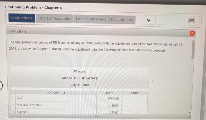  Continuing Problem - Chapter 4 Instructions Chart of Accounts Labels and