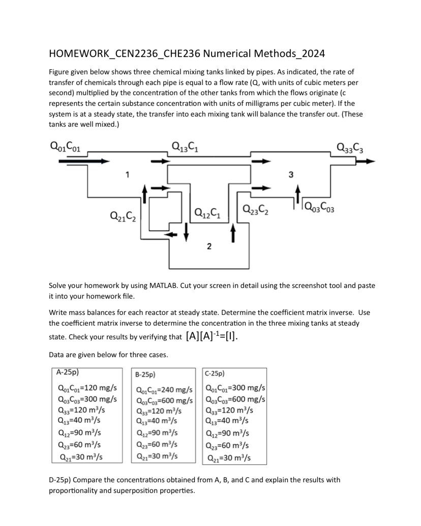  HOMEWORK_CEN2236_CHE236 Numerical Methods_2024 Figure given below shows three chemical mixing tanks