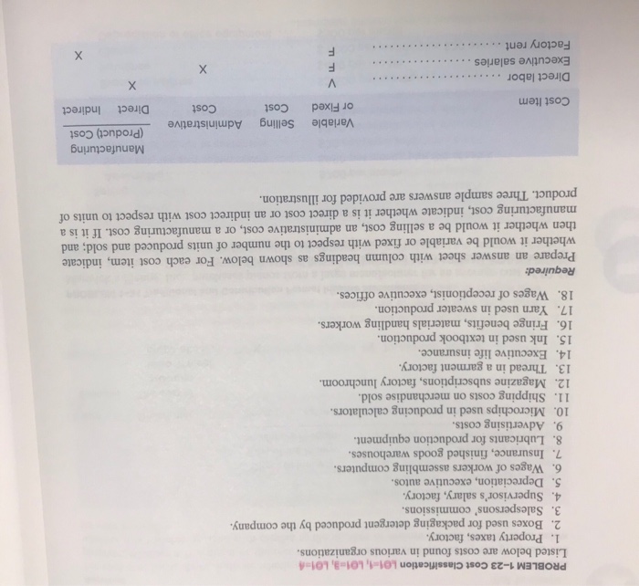  PROBLEM 1-23 Cost Classification L01-1, LO1=a, L01-4 Listed below are costs