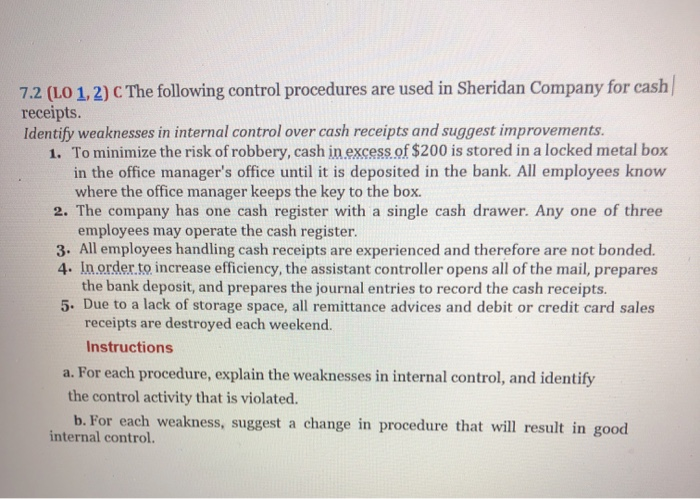  7.2 (LO 1, 2) C The following control procedures are used