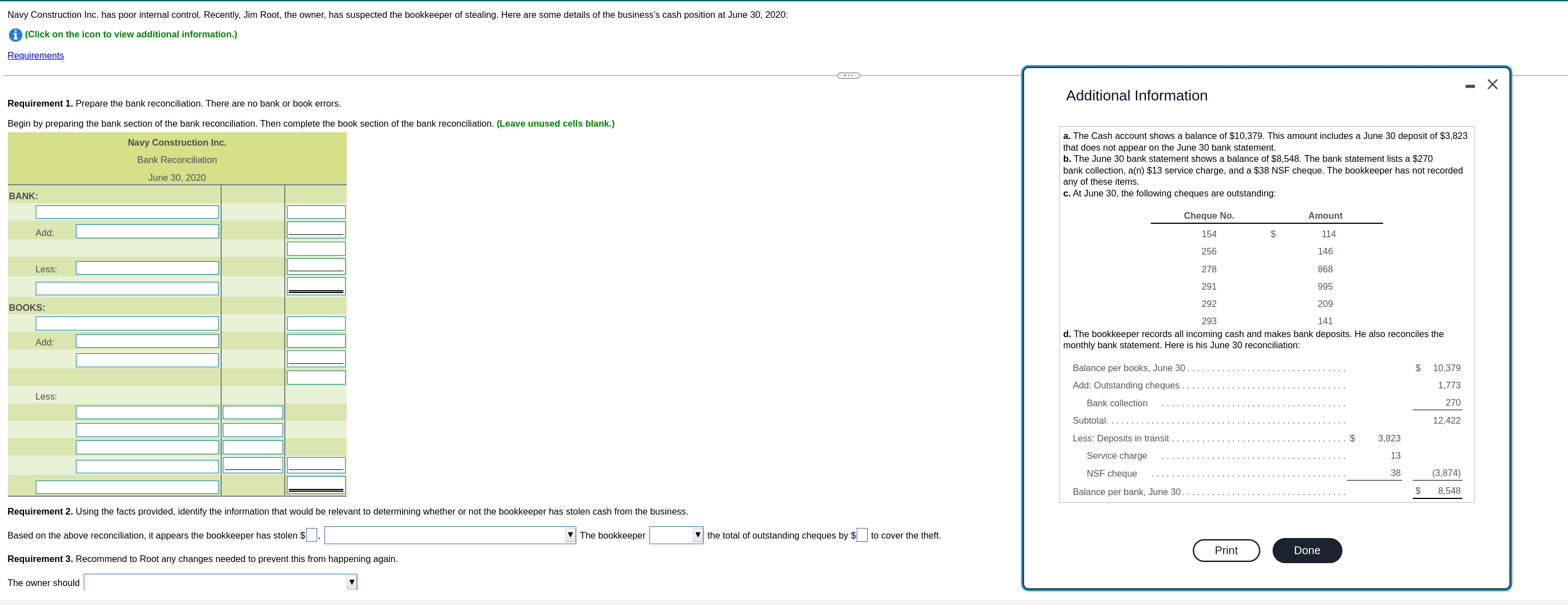  Navy Construction Inc. has poor internal control. Recently, Jim Root, the