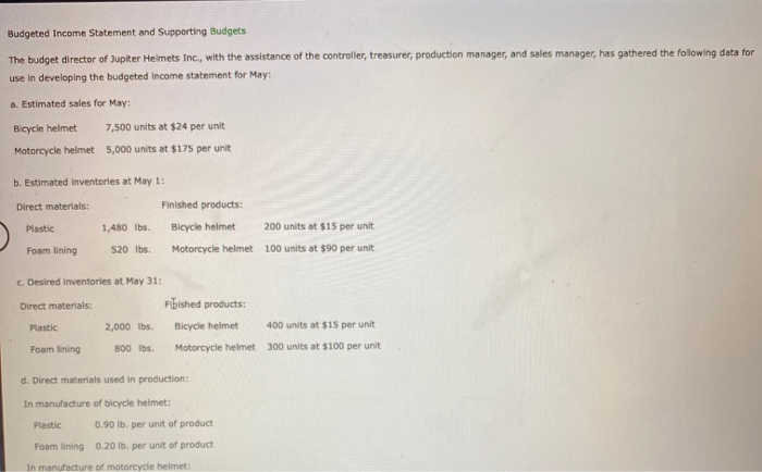  this is all one question Budgeted Income Statement and Supporting Budgets