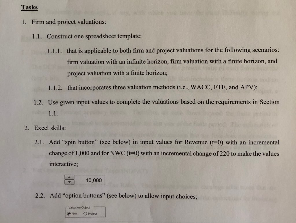 Tasks 1. Firm and project valuations: 1.1. Construct one spreadsheet template:
