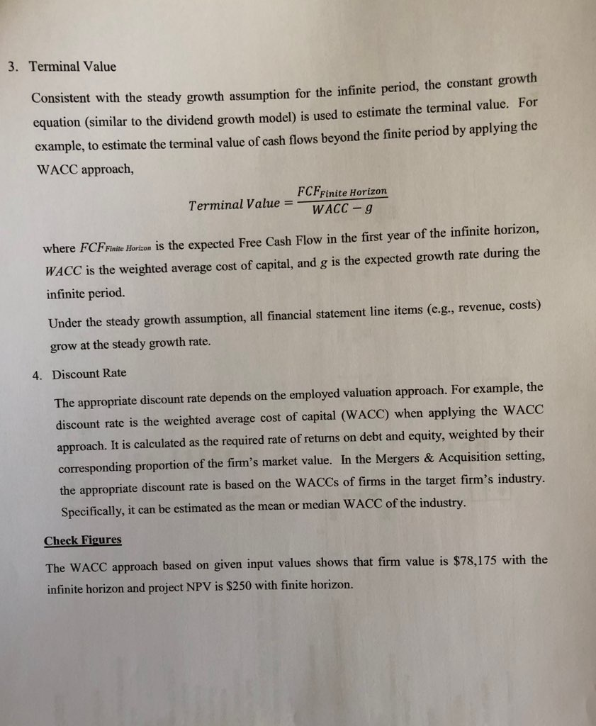following scenarios: firm valuation with an infinite horizon, firm valuation with a