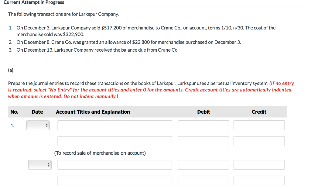 Current Attempt in Progress The following transactions are for Larkspur Company.
