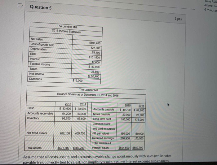  Question 5 Time Run Attempt dus 4 Minutes 1 pts The