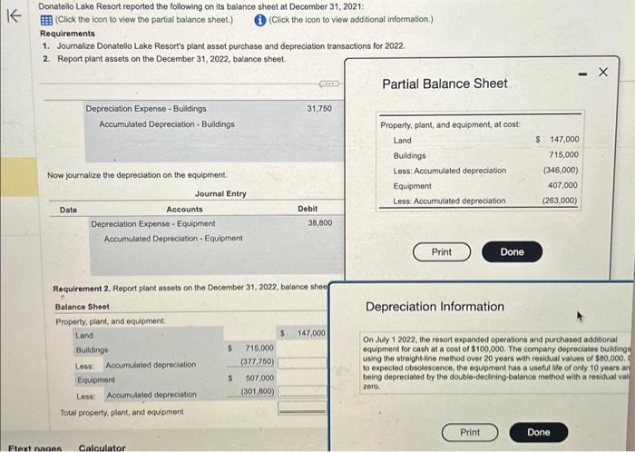 solve balance sheet missing blanks Donatello Lake Resort reported the following on