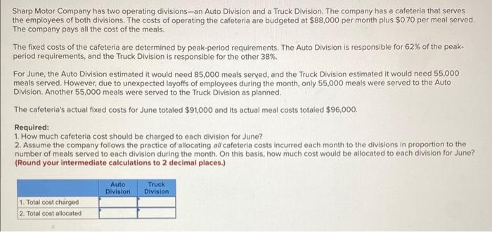 Need help Sharp Motor Company has two operating divisions-an Auto Division and