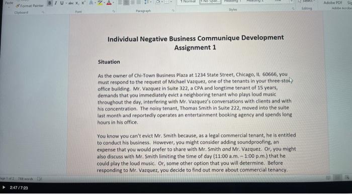  Individual Negative Business Communique Development Assignment 1 Situation As the owner