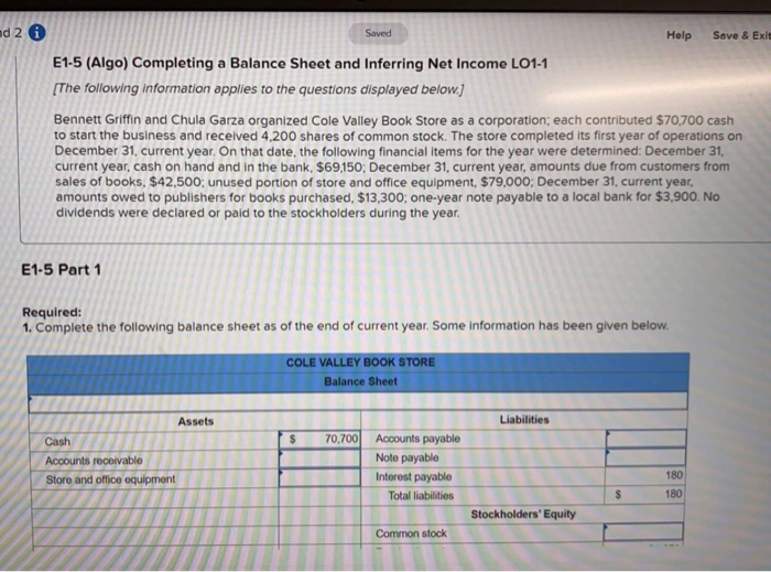  Saved Save & Exit od 20 Help E1-5 (Algo) Completing a